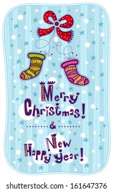 Card for Christmas and the New Year with a red bow and two decorative socks on a blue background with snowflakes and snow.