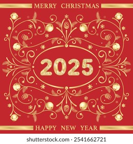 A card for Christmas and New Year's Eve. Golden ornament with symbols of winter holidays on red background.