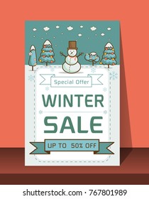 Card Christmas sale discounts. Festive advertising banner with fun New Year characters and symbols.Winter Sale banner. Joyful snowman with the words Vector illustration