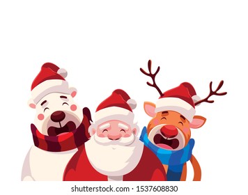 card of christmas with santa claus and animals in white background vector illustration design