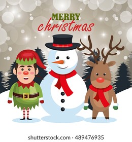 card christmas santa elf and reindeer snow and pine