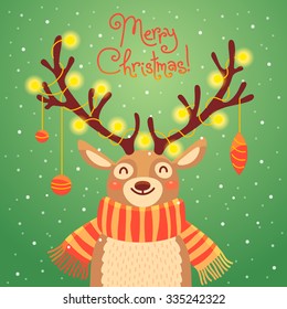 Card with christmas santa reindeer. Cute cartoon deer with garlands on the horns and scarf.  Vector illustration