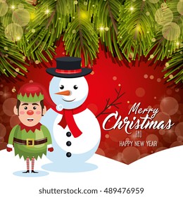 card christmas with snow and elf red bakcground design