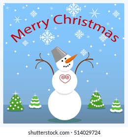 card for Christmas. Snowman surrounded by trees, enjoys the snow