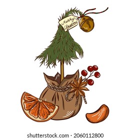 card with Christmas tree and Christmas bell, orange slice, tangerine. vector illustration
