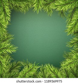 Card with Christmas tree border, realistic fir-tree branches frame on green background. EPS 10