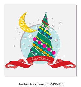card with Christmas tree and crescent moon