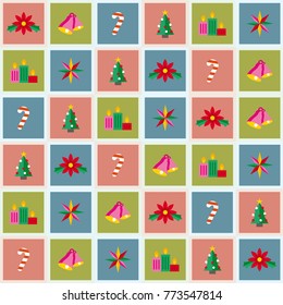 Card with Christmas tree,  flower, candy, star, bells, candles/ gift paper wrap / background