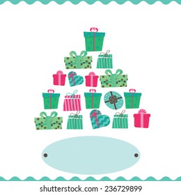 card with Christmas tree from the gift boxes. comprising six cartons of different shapes