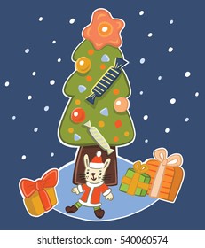 card with Christmas tree and gifts