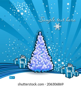 card with Christmas tree and gifts in blue colors