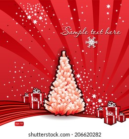 card with Christmas tree and gifts in red colors