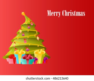 Card Christmas tree with gifts. Vector illustration