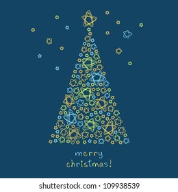 Card with christmas tree made of stars. Blue background in childish hand drawn style with shapes of doodles and lettering - Merry Christmas. Stylized holiday illustration for invitation and greeting