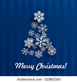 Card with Christmas tree made of white snowflakes on blue striped background