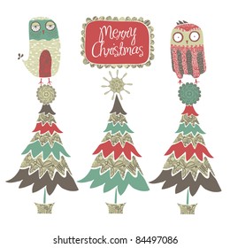 card with christmas tree and owls