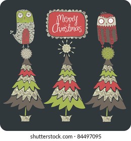 card with christmas tree and owls