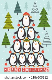 card with Christmas tree of penguins - vector illustration, eps