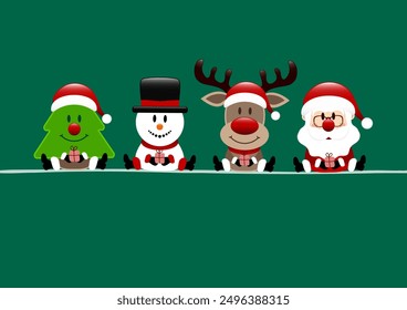 Card Christmas Tree Snowman Reindeer And Santa Claus Green Dark Red