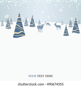 Card with Christmas trees and deer. Vector illustration with space for text.