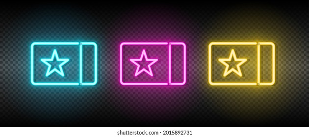 tarjeta, cine, icono del vector neón de boleto. Ilustración neón azul, amarillo, rojo conjunto de iconos.
