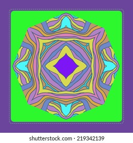 Card with circular abstract pattern of colored stripes on a bright green rounded rectangle. Handmade.