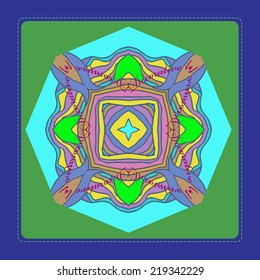 Card with circular abstract pattern of colored stripes and text on a pale green rounded rectangle. Handmade.