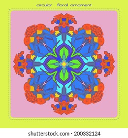 Card with circular floral ornament in a pink rounded rectangle with orange summer flowers and blue text.