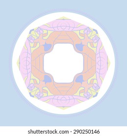 Card with circular floral pattern, branches, spots, buds, copy space. Hand drawn.