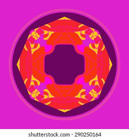 Card with circular floral pattern, branches, spots, buds, copy space. Hand drawn.