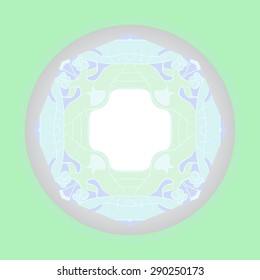 Card with circular floral pattern, branches, spots, buds, copy space. Hand drawn.