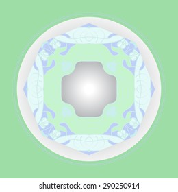 Card with circular floral pattern, branches, spots, buds, copy space. Hand drawn.