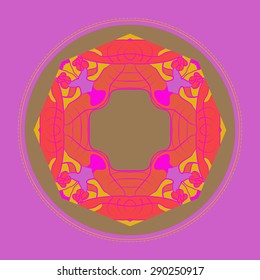 Card with circular floral pattern, branches, spots, buds, copy space. Hand drawn.