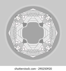 Card with circular floral pattern, branches, spots, buds, copy space. Hand drawn.