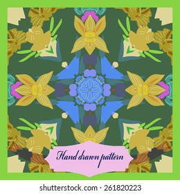 Card  with circular floral pattern, flowers, leaves, label. Hand drawn.