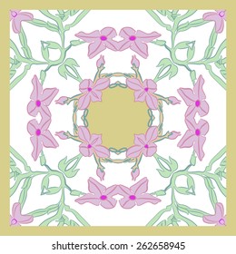 Card with circular floral pattern, flowers, branches, leaves. Hand drawn.