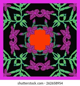 Card with circular floral pattern, flowers, branches, leaves. Hand drawn.