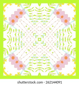Card with circular floral pattern, leaves, branches. Hand drawn.