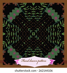 Card with circular floral pattern, leaves, branches, label. Hand drawn.