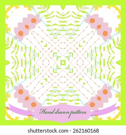 Card with circular floral pattern, leaves, branches, label. Hand drawn.