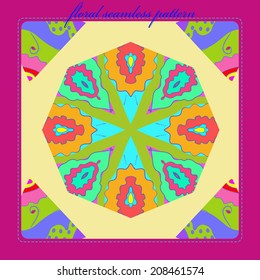 Card with circular floral pattern on a light yellow rounded rectangle and text.