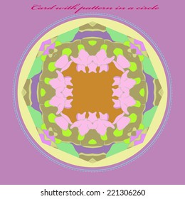 Card with circular floral pattern in a pale yellow circle and pink text on a purple frame. Handmade.