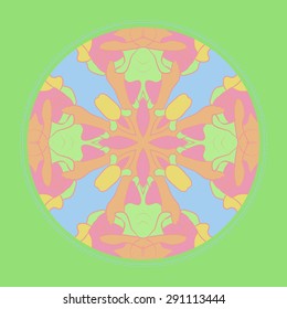 Card with circular floral pattern,leaves, spots, buds,stripes, circle, copy space. Hand drawn.
