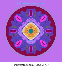 Card with circular multicolored ornament  on a dark rosy circle and azure text. Handmade.