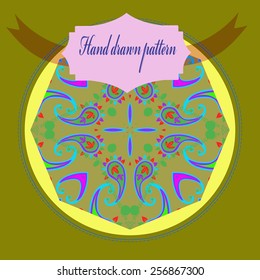 Card with circular oriental pattern of floral motif, label on a light yellow   circle. Hand drawn.