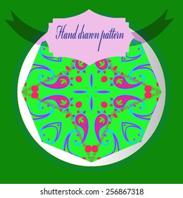 Card with circular oriental pattern of floral motif, label on a gradient gray   circle. Hand drawn.