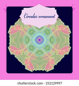 Card with circular ornament of pale feather motif, frame, label on a  dark blue  background. Hand drawn.