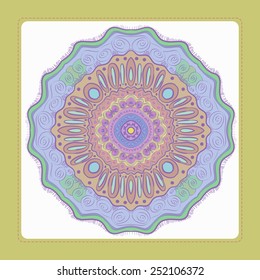 Card with circular ornament of pale floral motif, frame   on a white   background. Hand drawn.