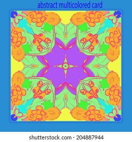 Card with circular  pattern of abstract floral  motif  in a contrast colors on a multicolored  background and text.