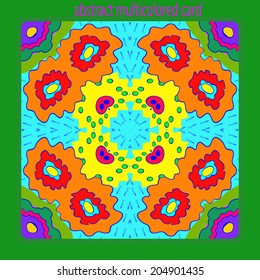 Card with circular   pattern of abstract floral  motif, ellipses  in a contrast colors on a light azure  background and text.